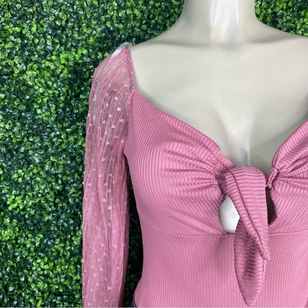 Mauve pink sheer sleeve ribbed body suit - Picture 5 of 9